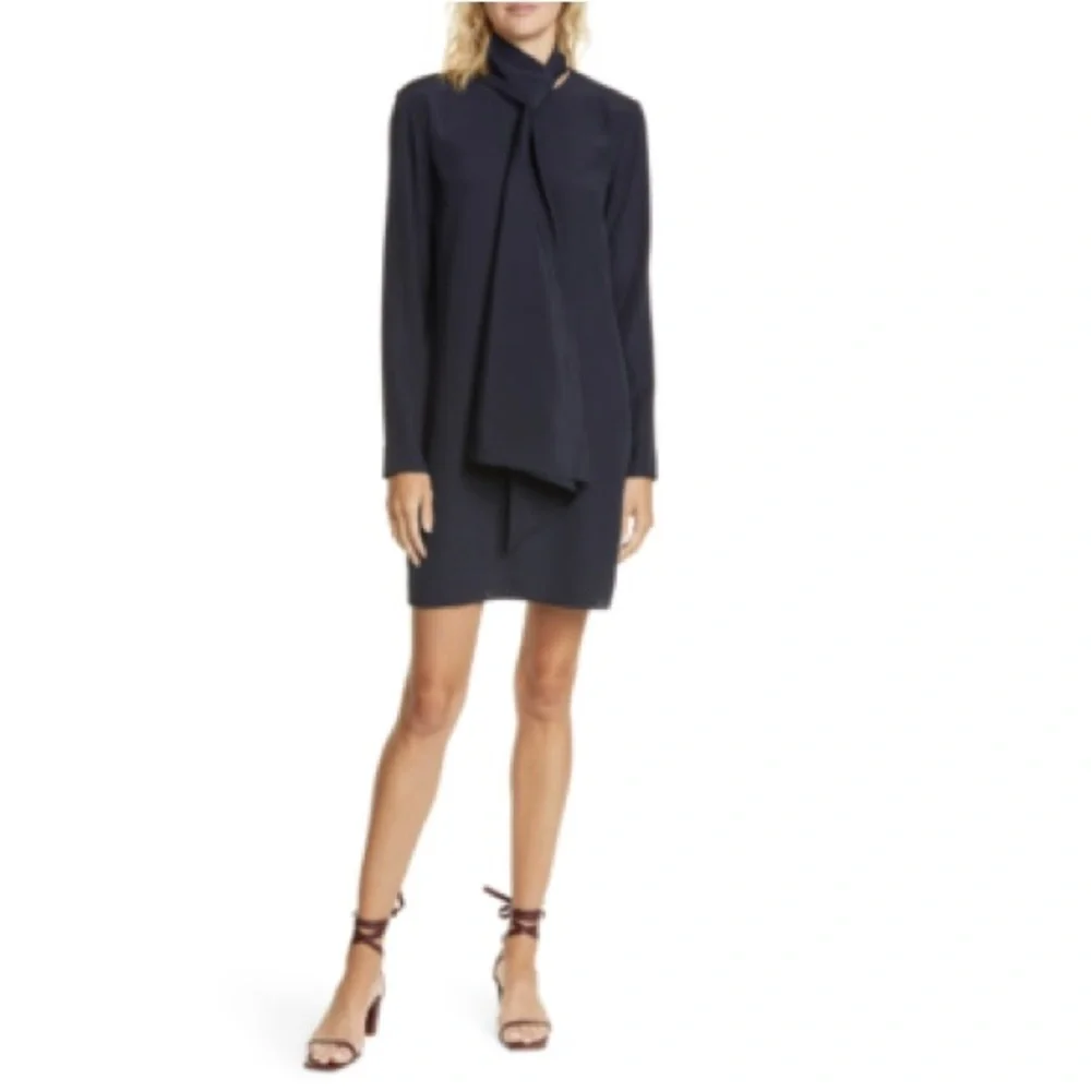 Tibi Navy Silk Tie Neck Shift Dress - Picture 2 of 4